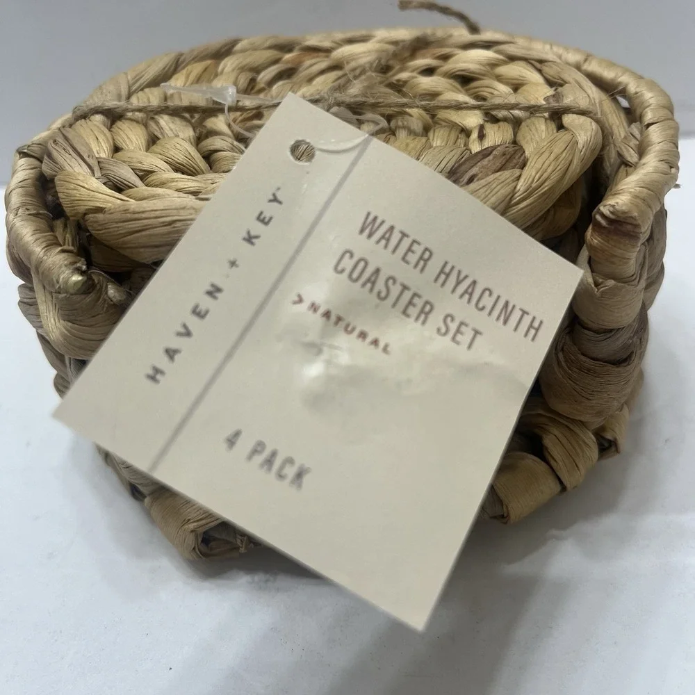 Haven + Key Natural Water Hyacinth Coasters Set Of 4 W/ Holder New Tan Boho